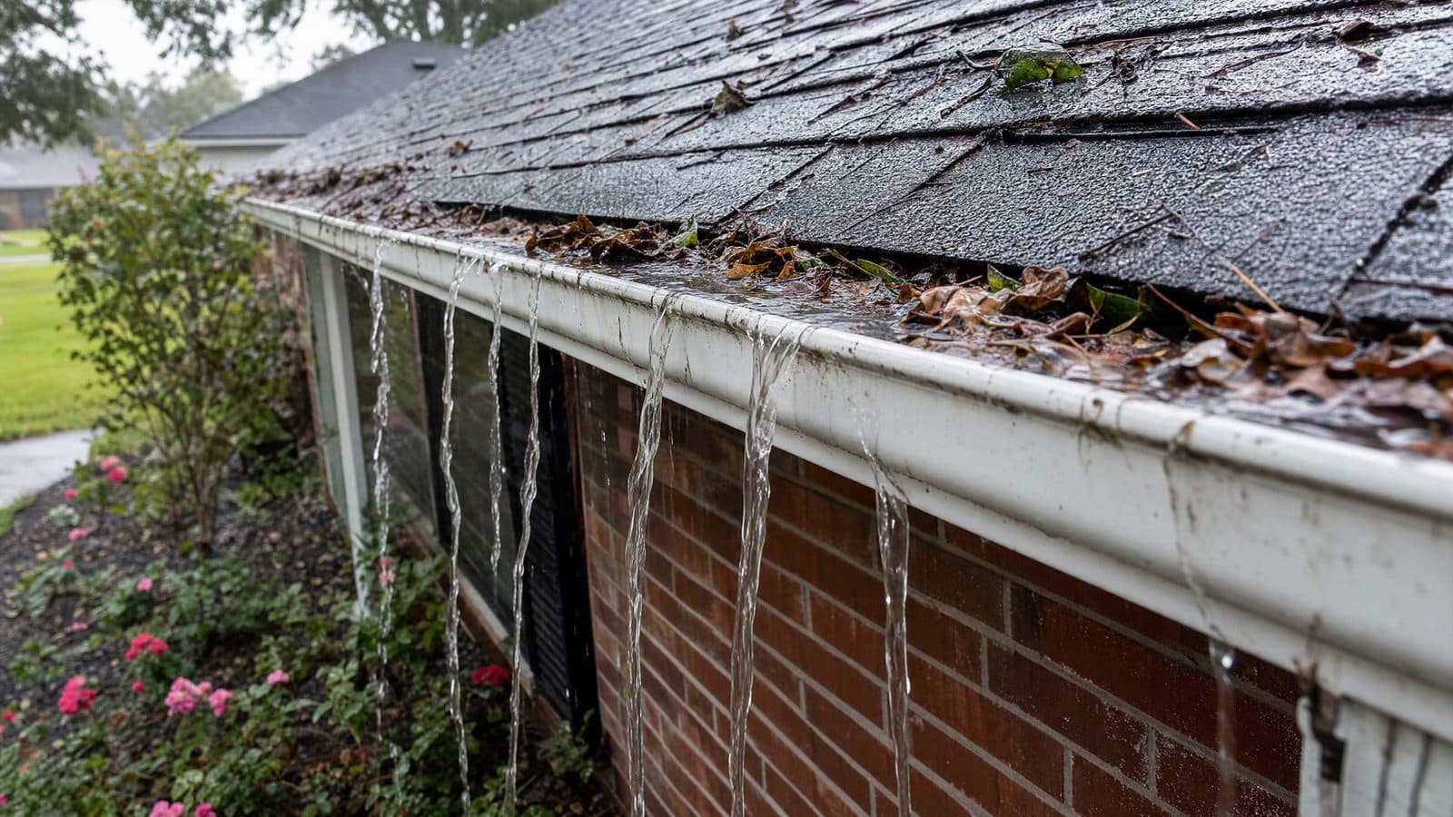Clogged gutter overflowing in heavy rain on a brick home in North Texas