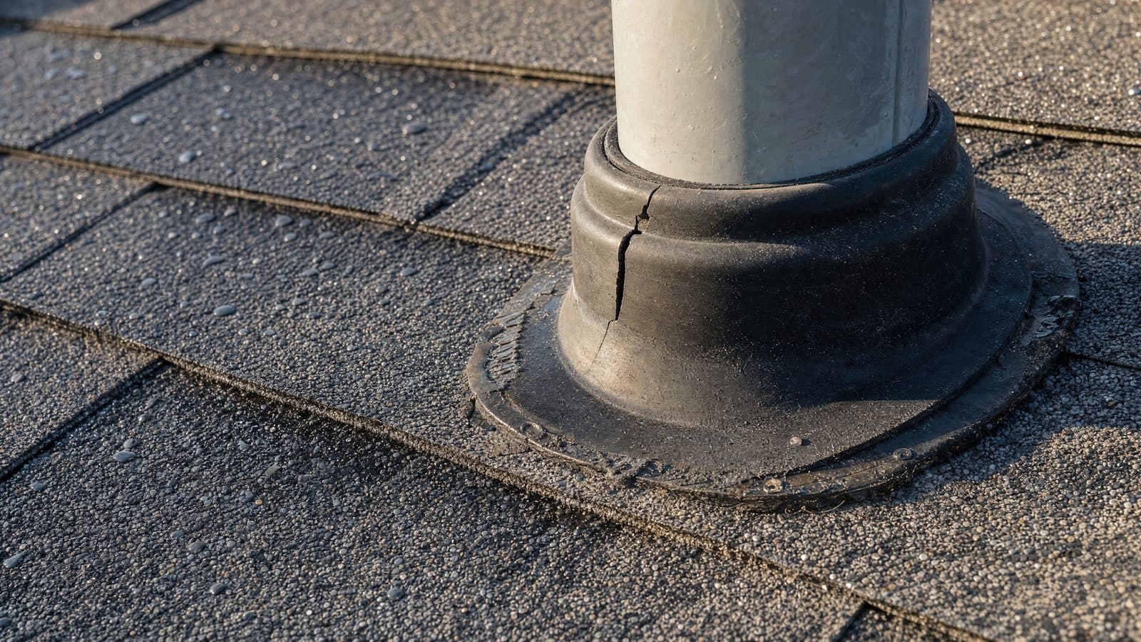 Cracked, sun-dried rubber pipe boot around a plumbing vent on an asphalt shingle roof