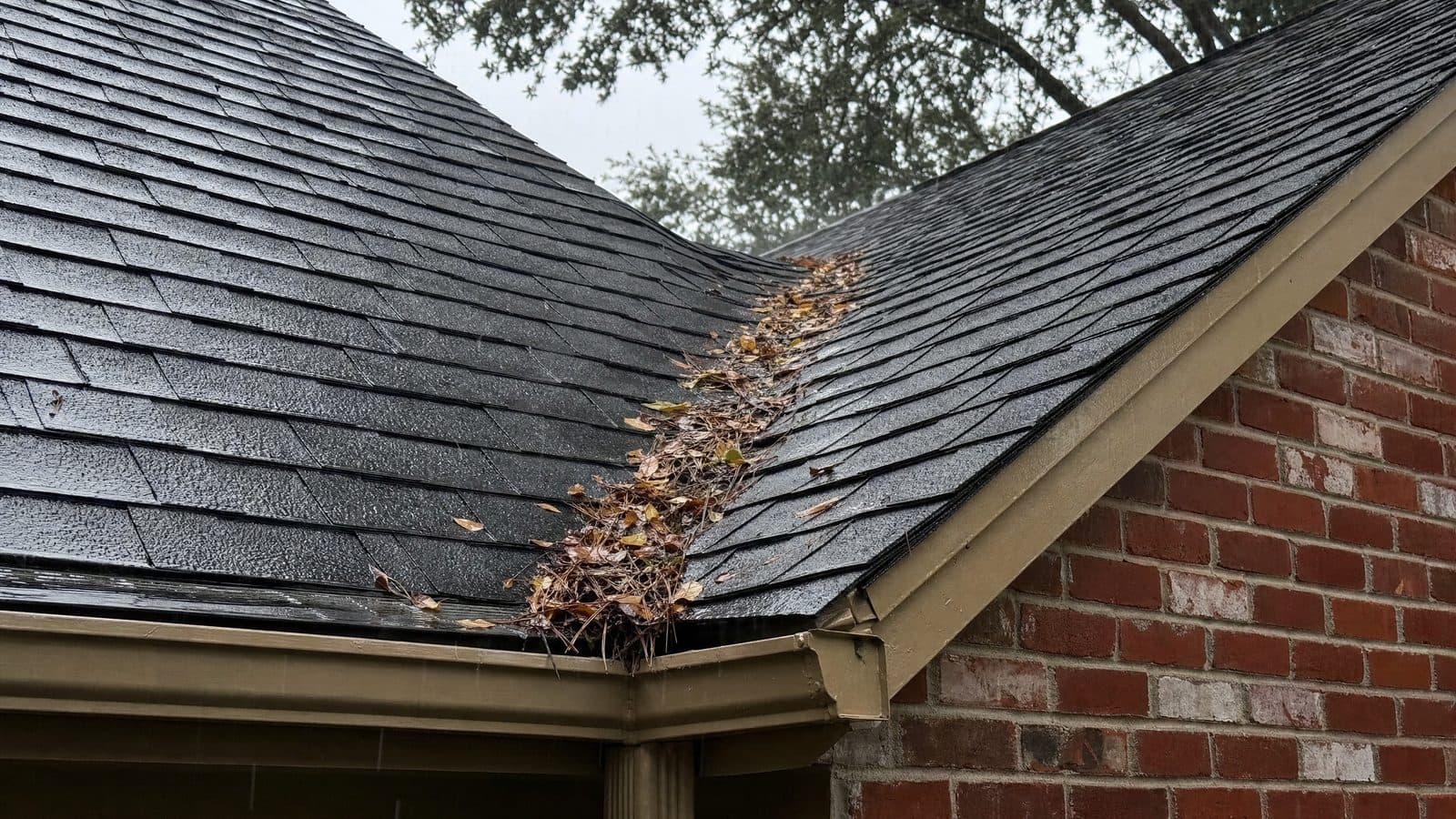 Rain running down a roof valley where two shingle slopes meet, with wet leaves caught in it