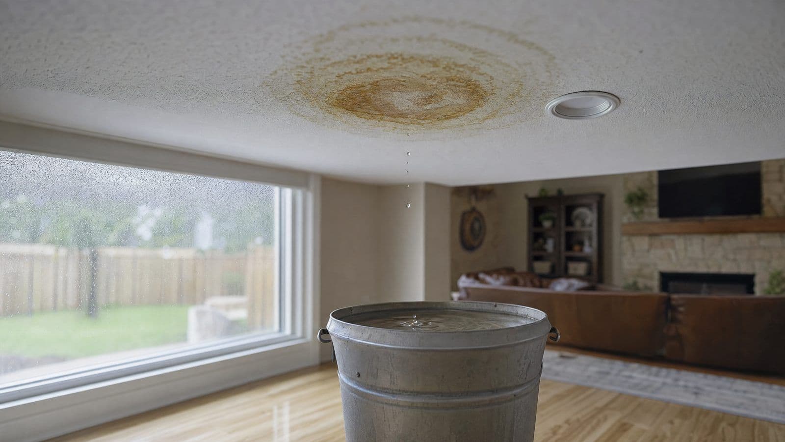 Brown water stain spreading across a white ceiling with a bucket catching drips on a hardwood floor