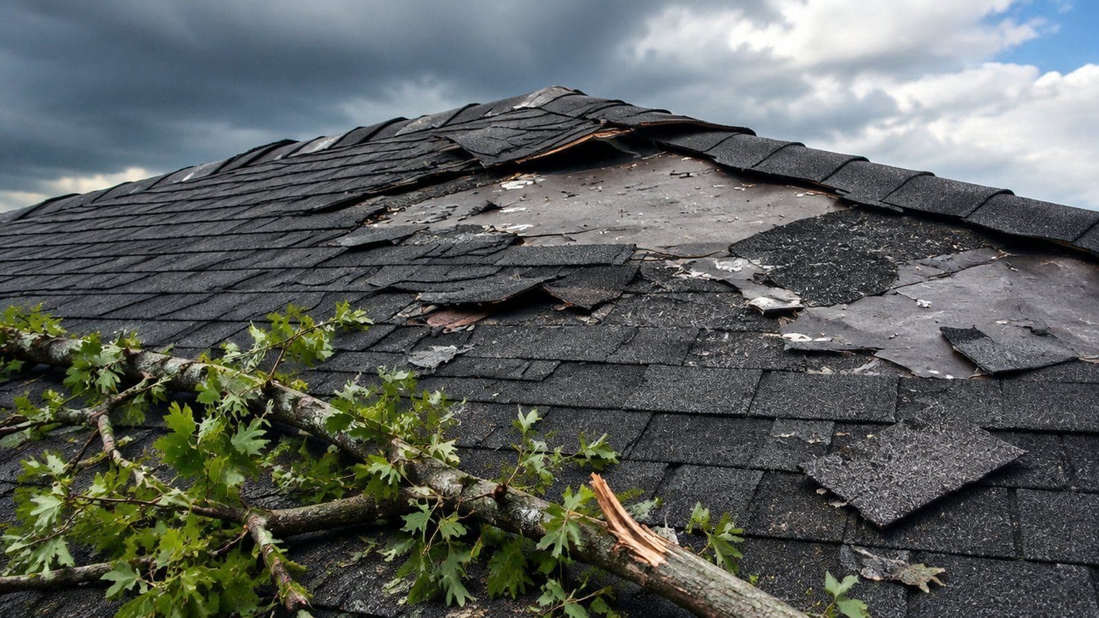 Torn and missing asphalt shingles along a roof ridge after a windstorm, with a broken tree limb resting on the slope
