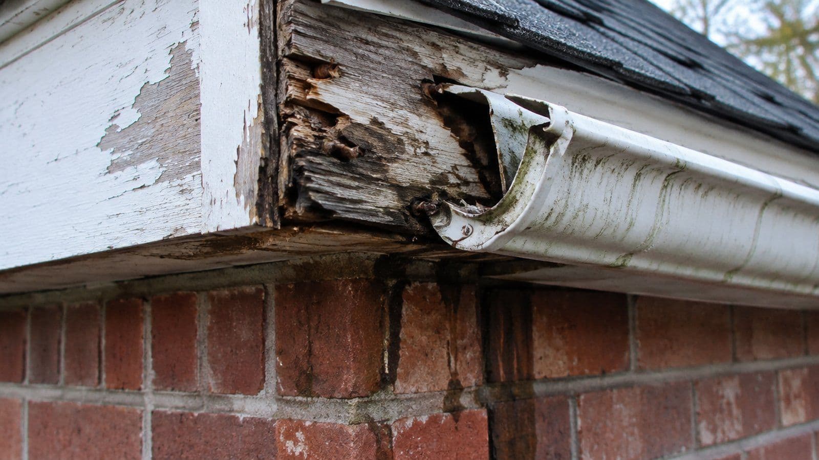 Soft, rotted fascia board with peeling paint behind a gutter that has pulled away from the roof edge