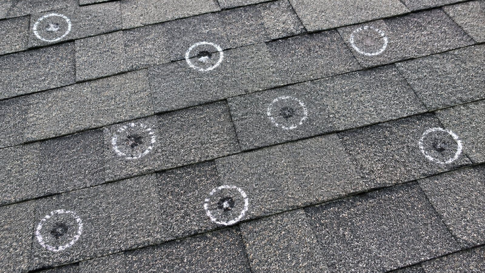 Close-up of hail hits on gray asphalt shingles circled in white chalk during a roof inspection