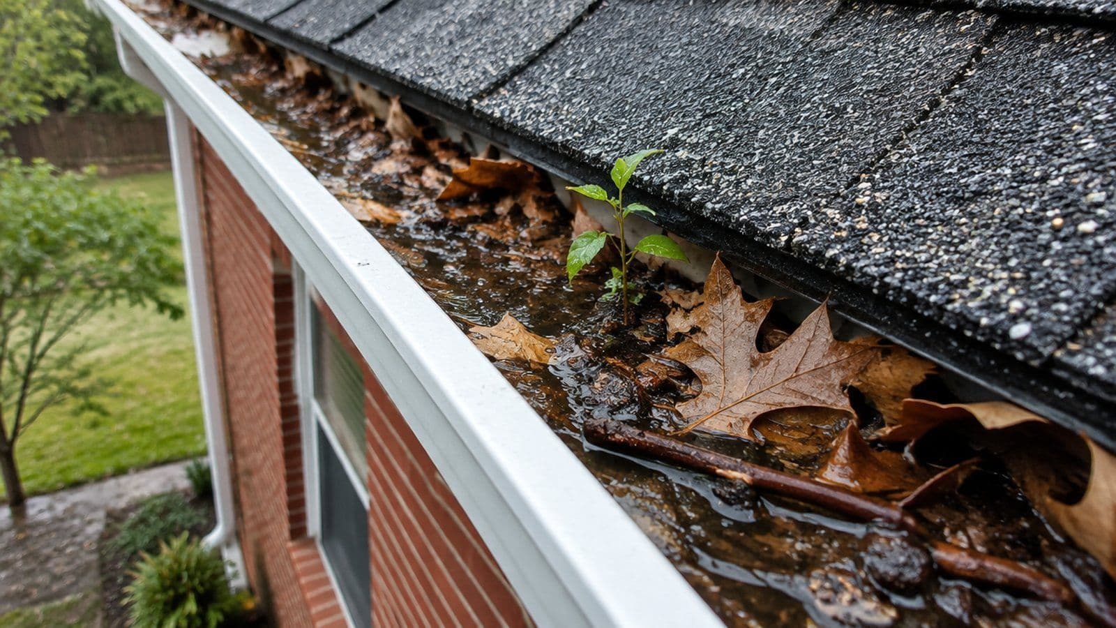 Close-up of a white gutter on a brick home packed with wet fall leaves, shingle granules and standing water
