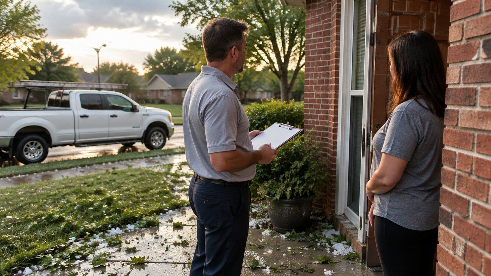 Man holding a clipboard talking with a homeowner at the front door of a brick house, a pickup truck with a ladder rack parked at the curb