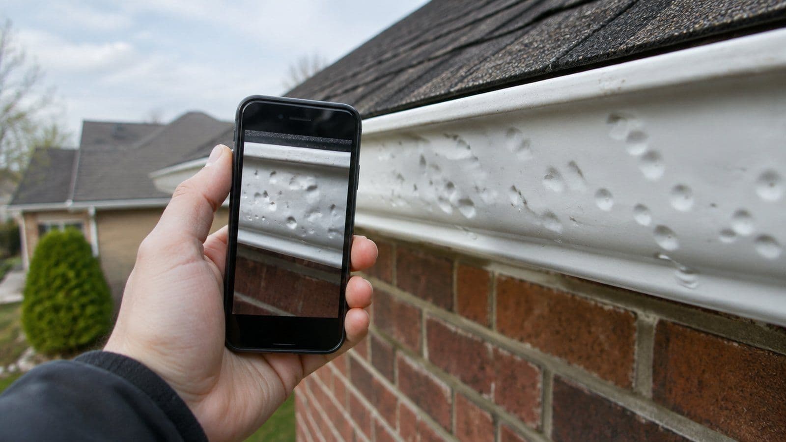 Hand holding a smartphone photographing hail dents along an aluminum gutter on a brick home
